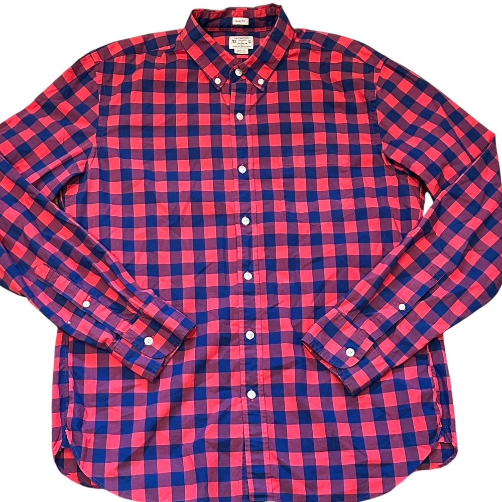 J.Crew Button Down Shirt Mens Large Red Blue Plaid Excellent Slim Fit Cotton